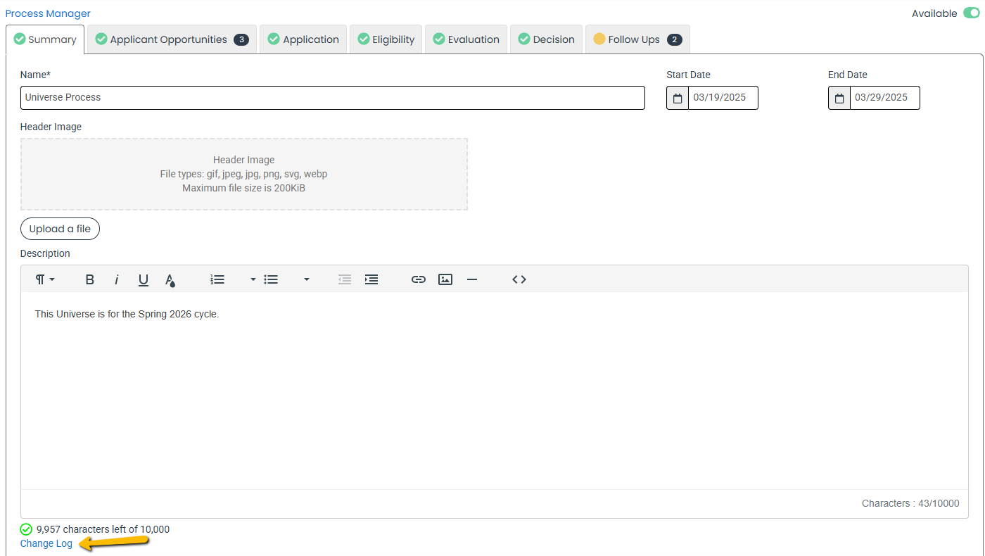 change log button