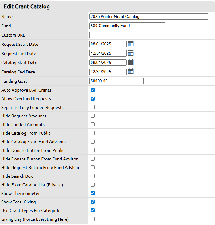 edit grant catalog options