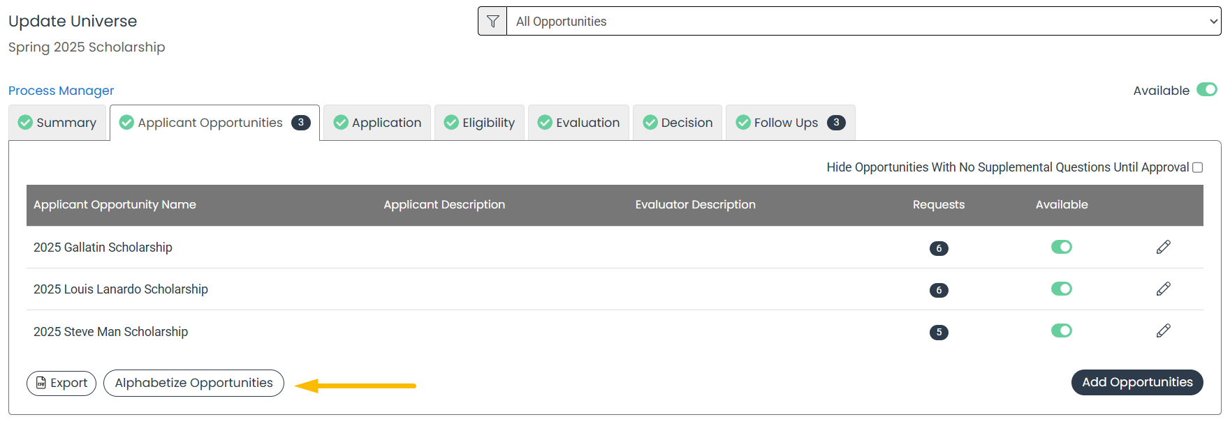 Alphabetize Opportunities button