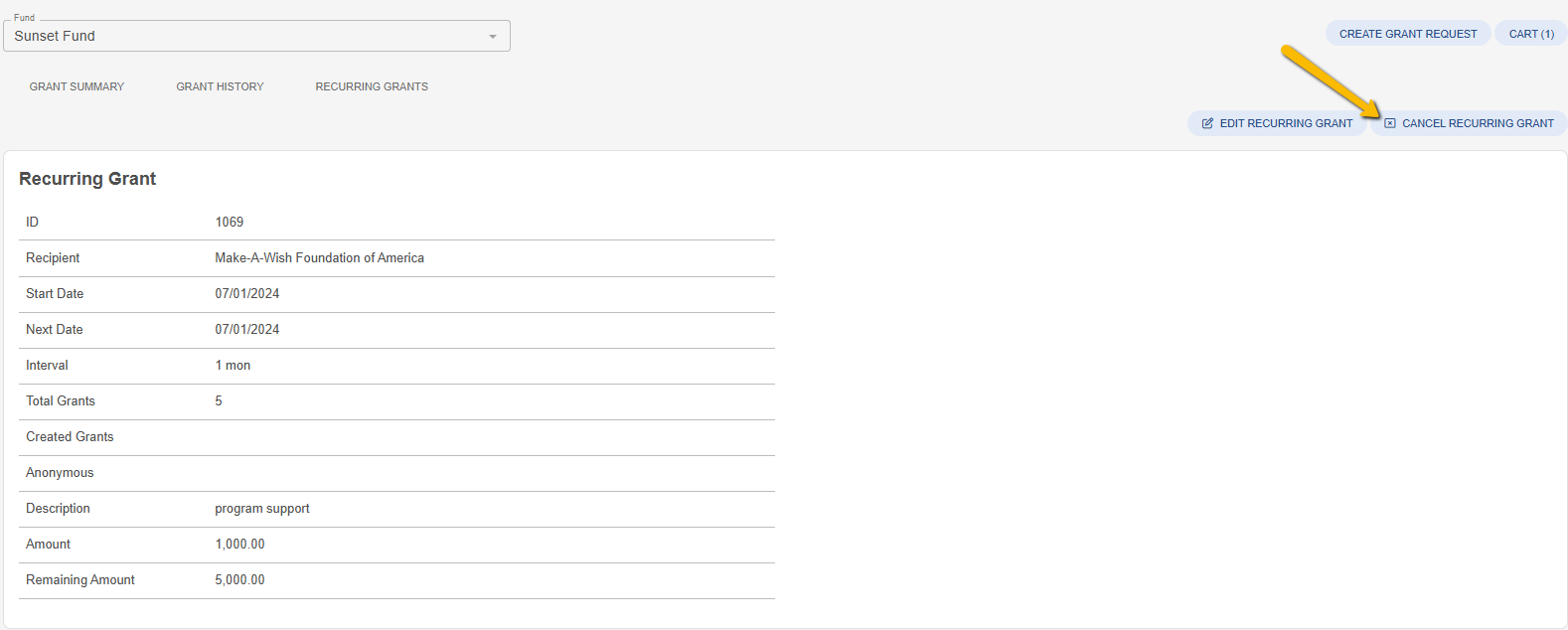 cancel recurring grant button  