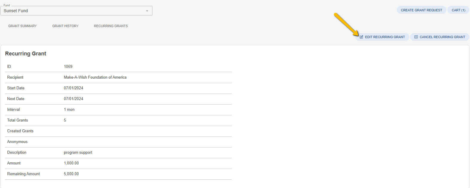edit recurring grant button