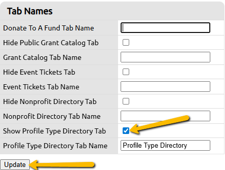show profile type directory tab box and update button