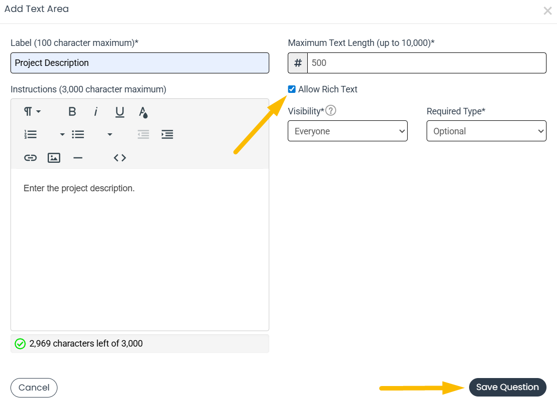 Allow rich text checkbox and save