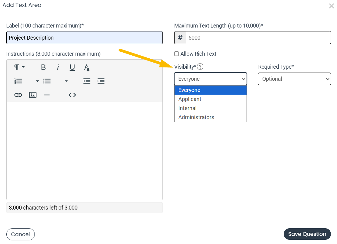 Visibility drop down menu