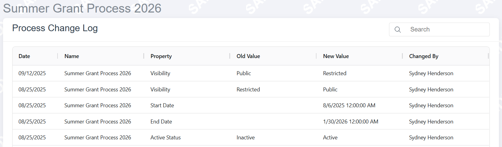process change log