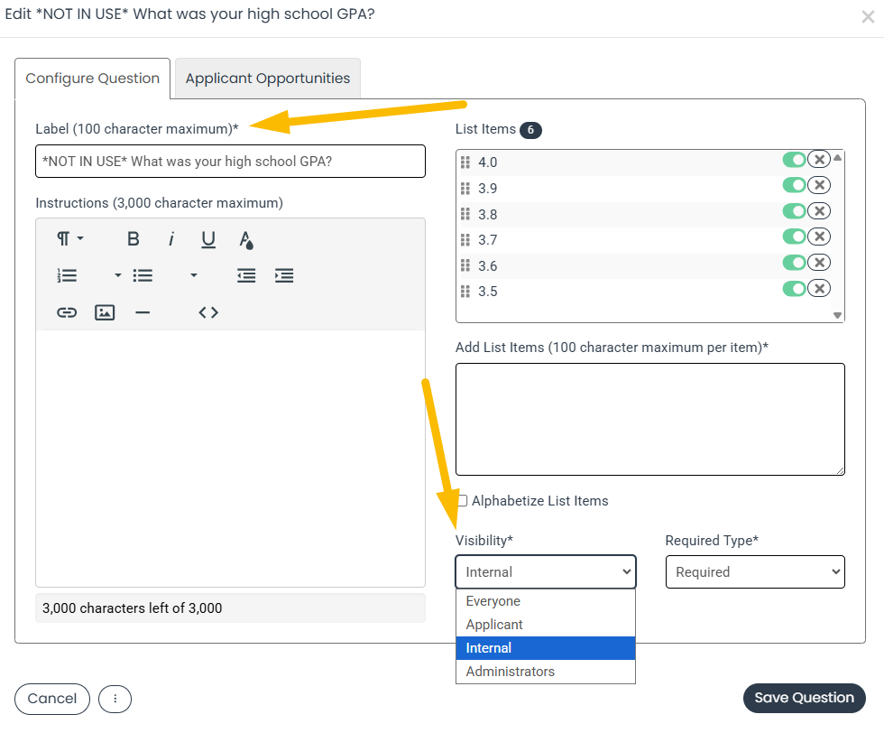 question label and visibility