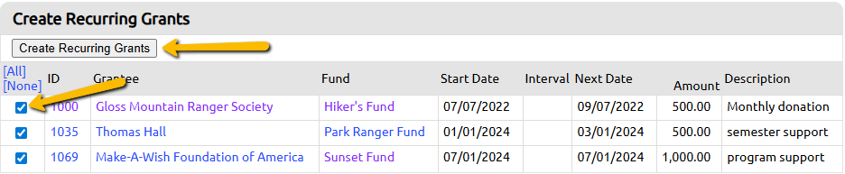 create recurring grants button
