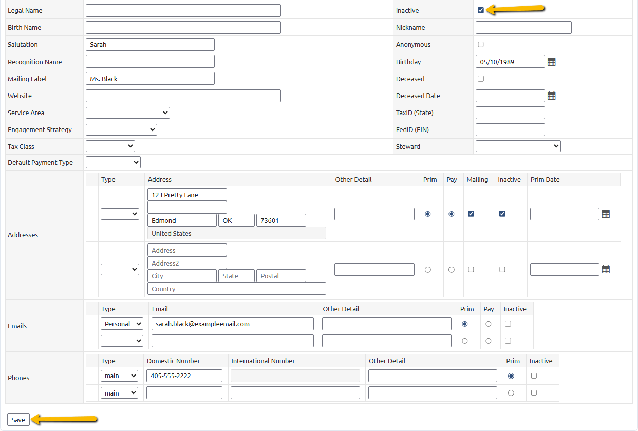 inactive checkbox and save button