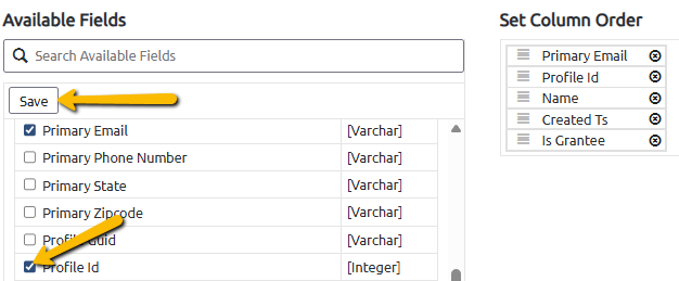 profile fields and save button