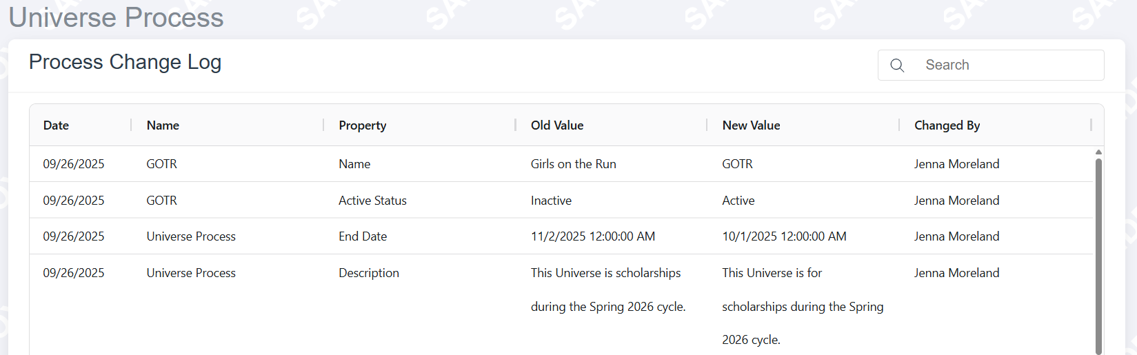 universe process change log