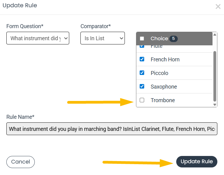list checkbox and update rule button