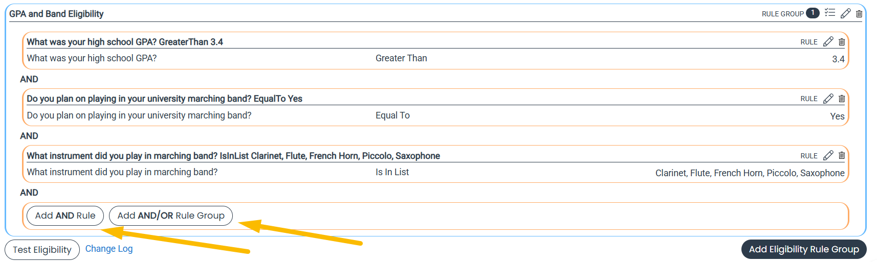 add new rule or subrule group buttons