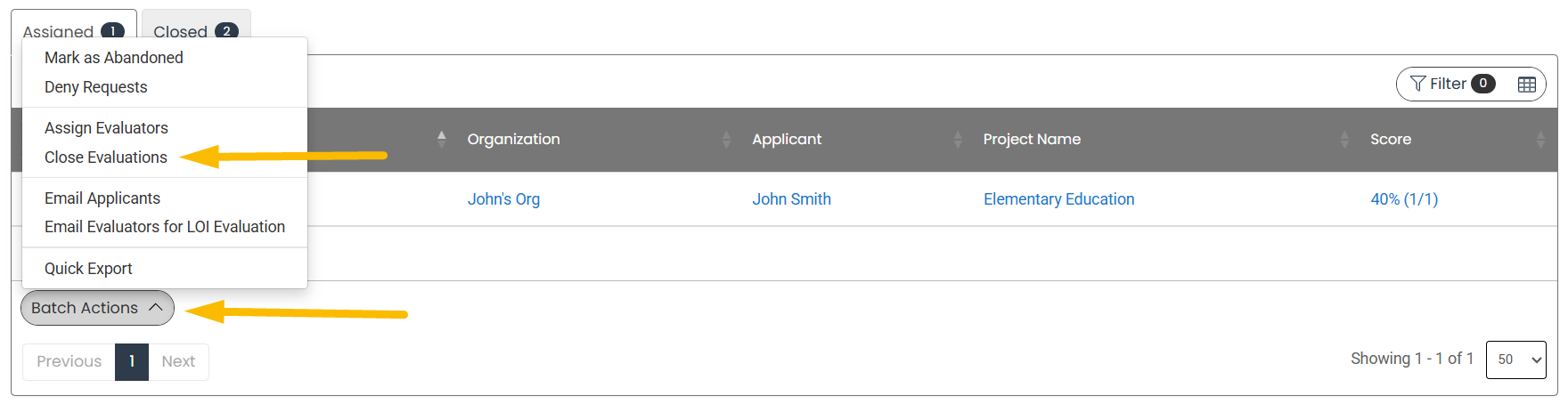 close evaluations from batch actions