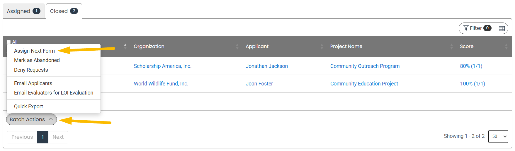 assign next form from batch actions