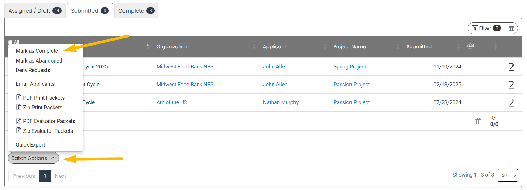 mark as complete from batch actions