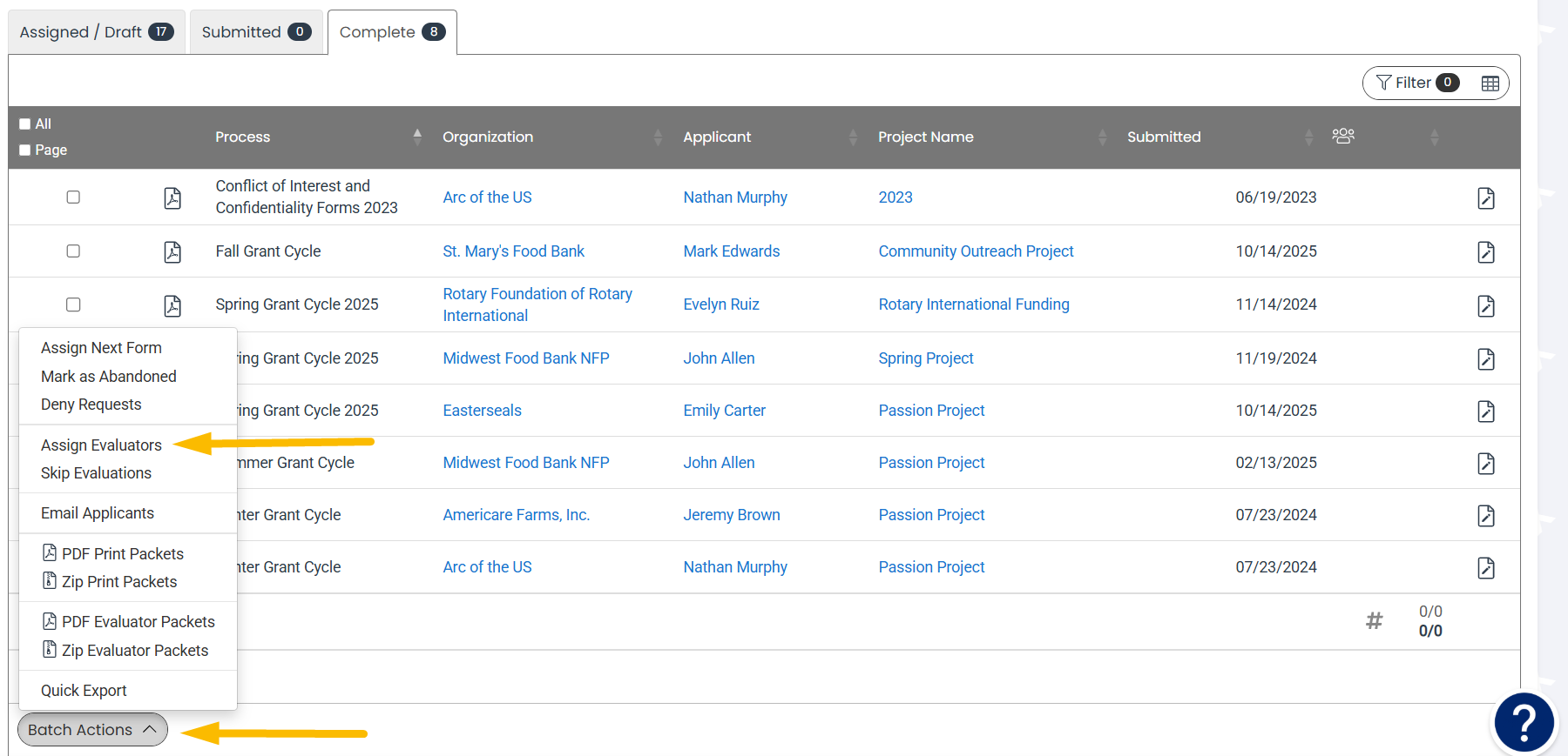Assign evaluators from batch actions