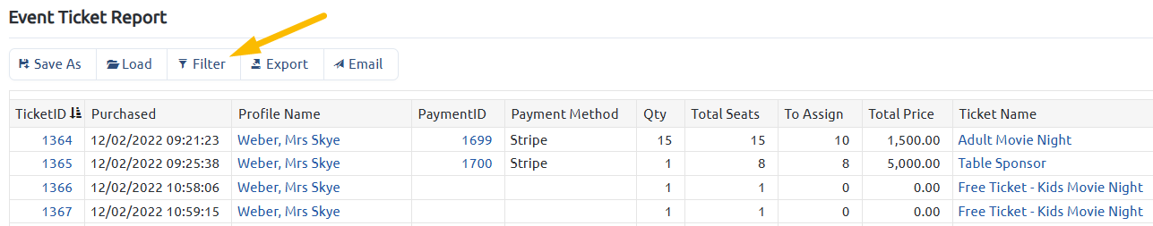 ticket report filter