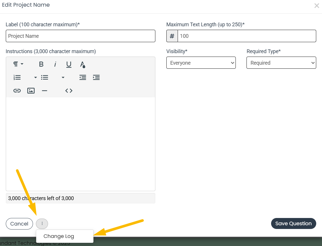 actions menu and change log