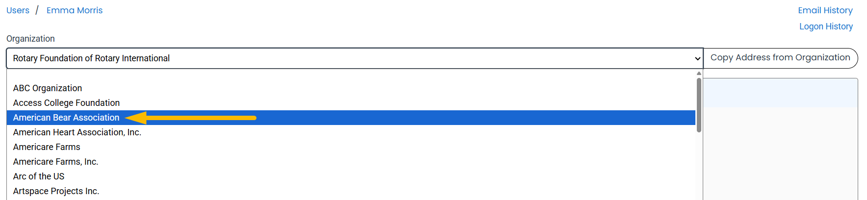 organization drop-down