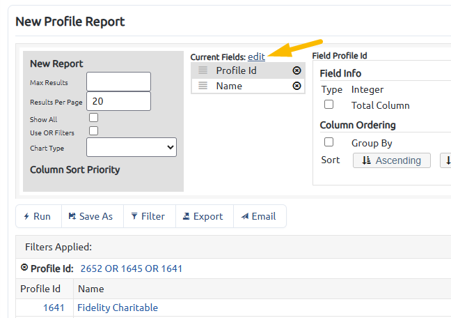 edit current fields profile report