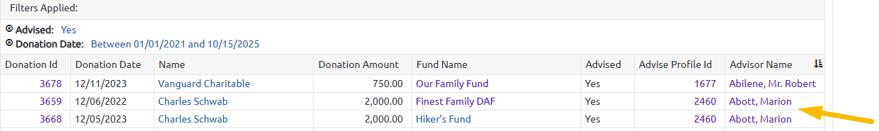 multiple donation advisor rows