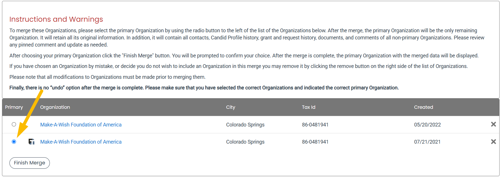 primary organization radio button