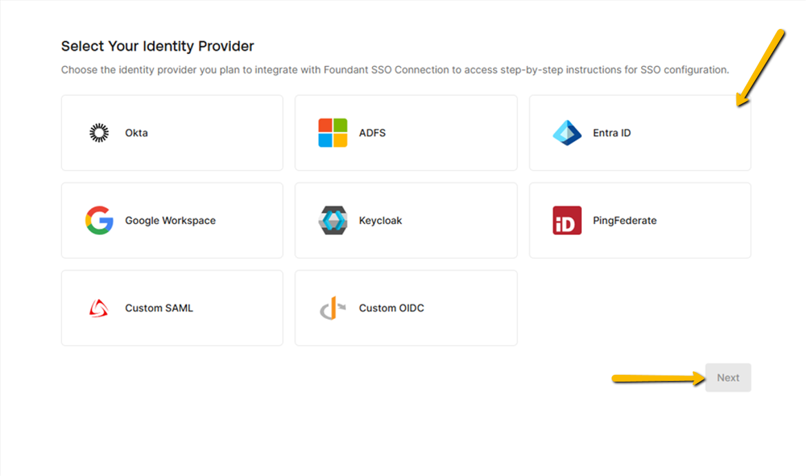 identity provider and Next button