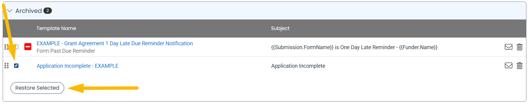 restore selected button