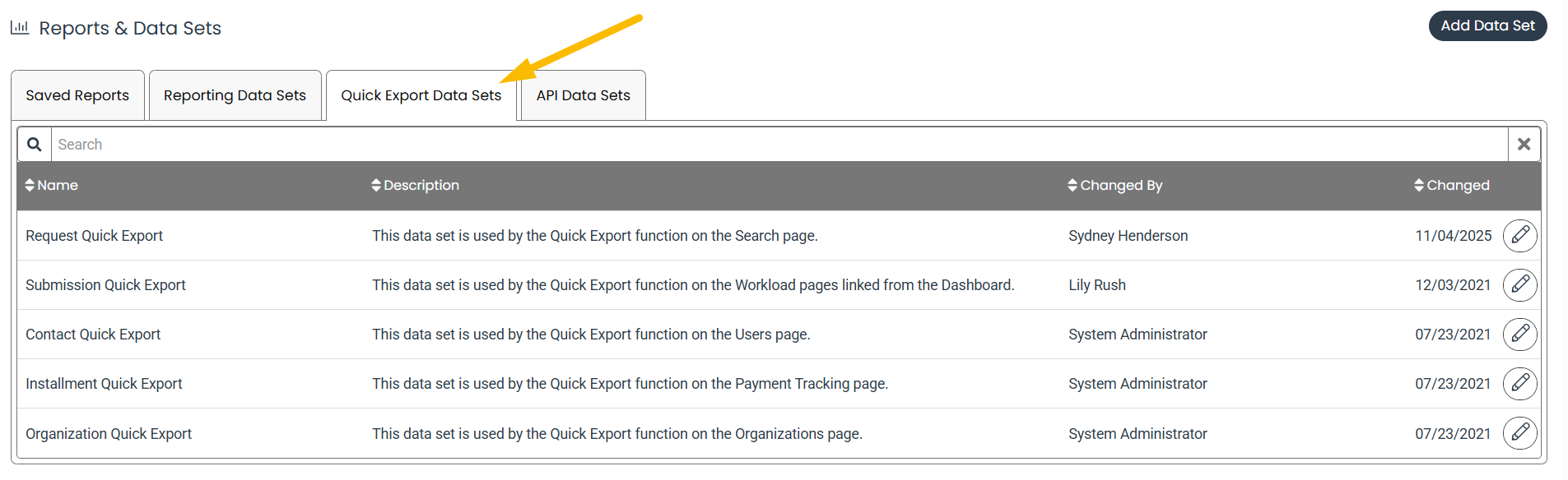 Quick export data sets tab