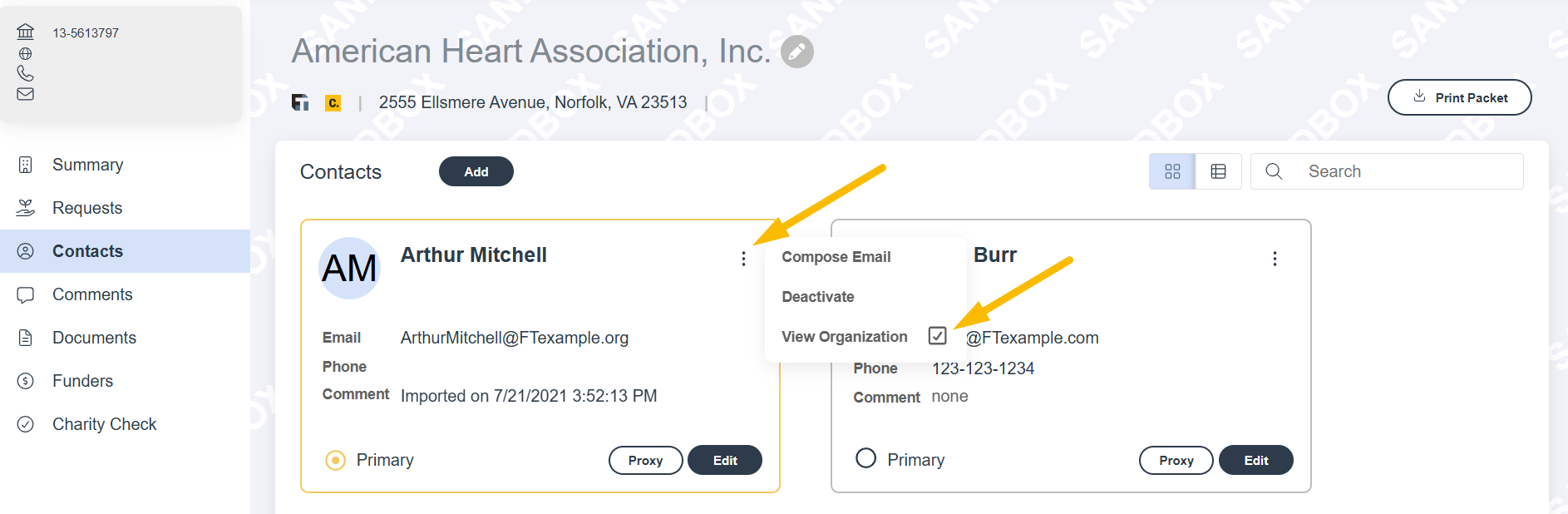 view organization checkbox