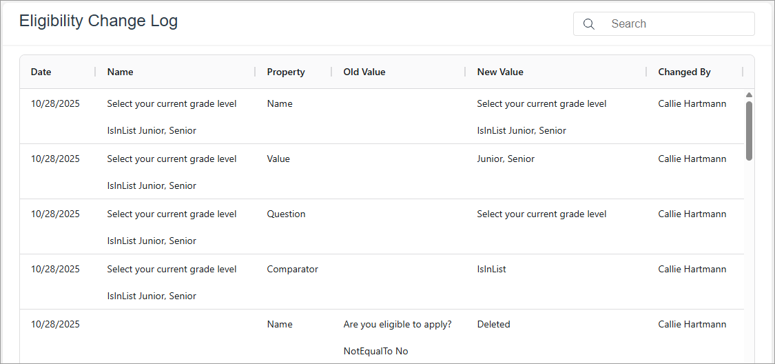 Eligibility Change Log