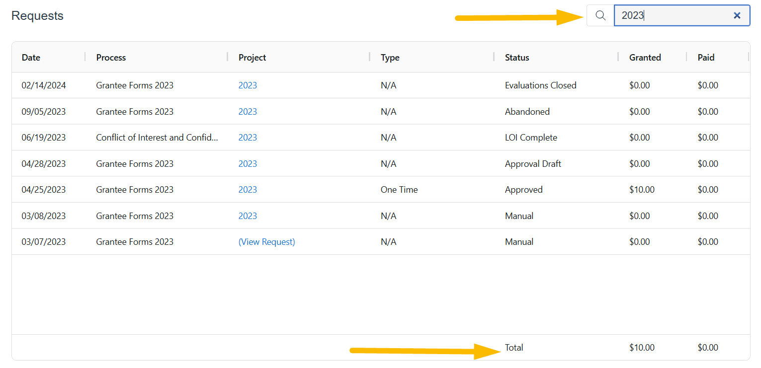 search field and totals row