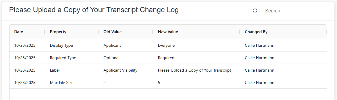 Question Change Log