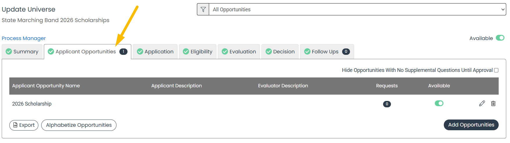 applicant opportunities tab