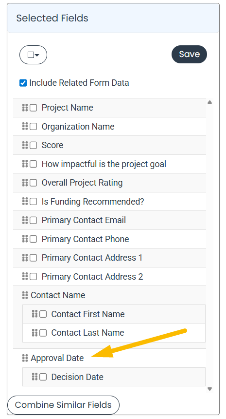 selected fields list with new name