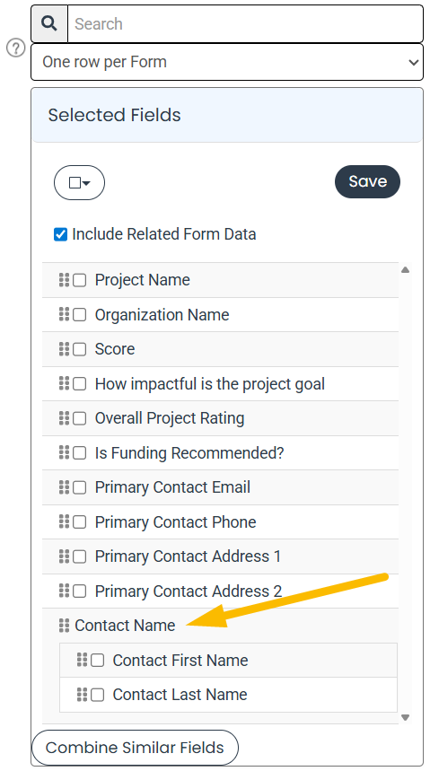 selected fields list with new field