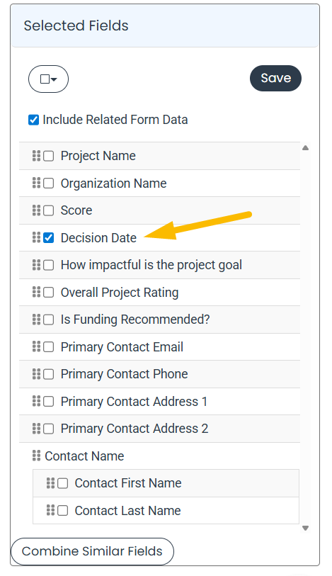 selected fields list