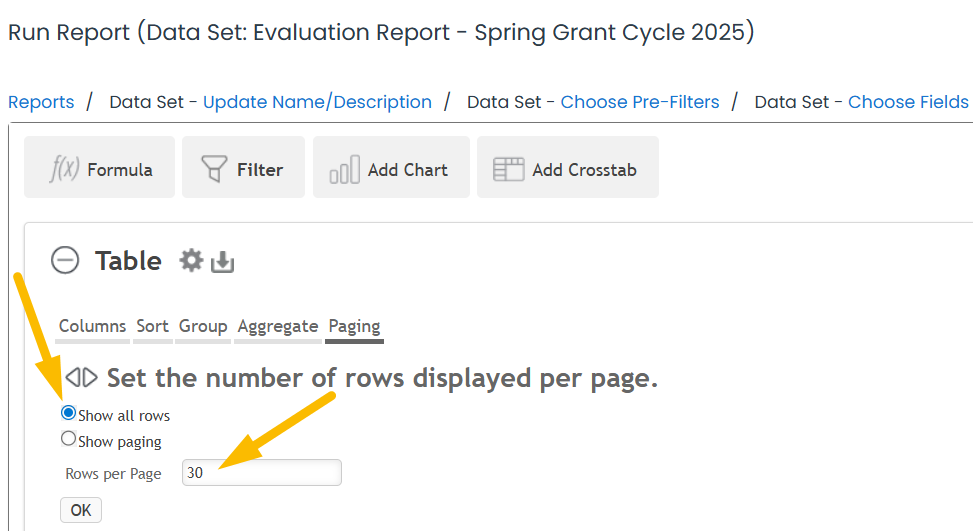 show paging raido button and rows per page field