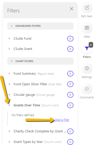 item option and add a filter button