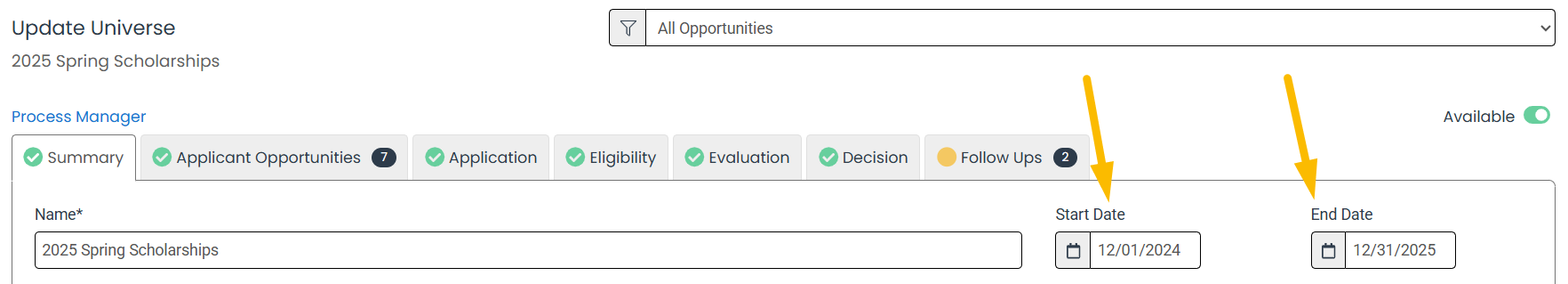 edit start and end dates