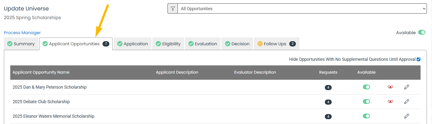 applicant opportunities tab