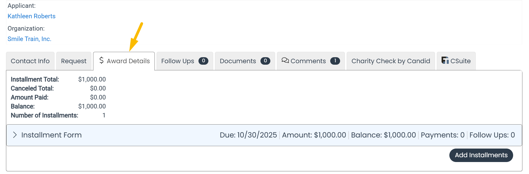 award details tab