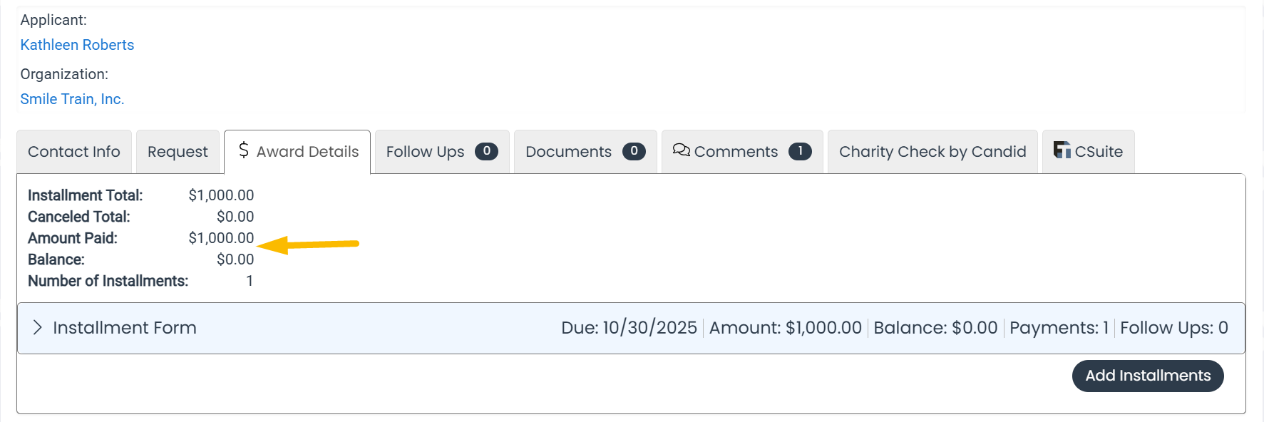 amount paid and balance