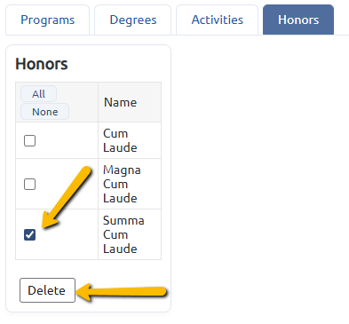 checkbox and delete button