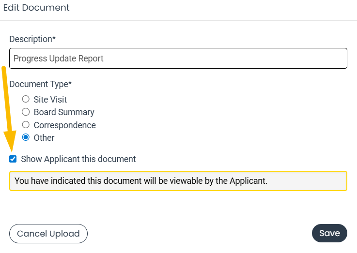show applicant this document checkbox