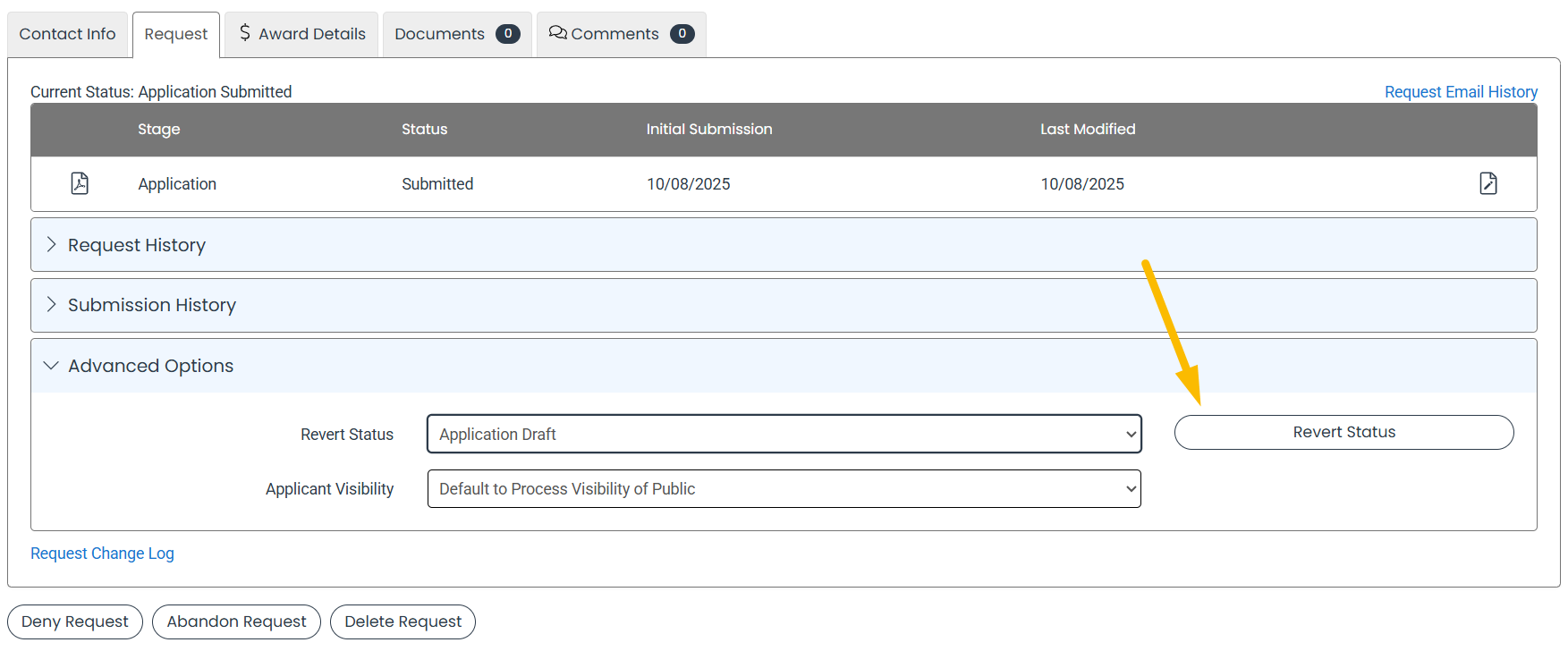 revert status drop-down