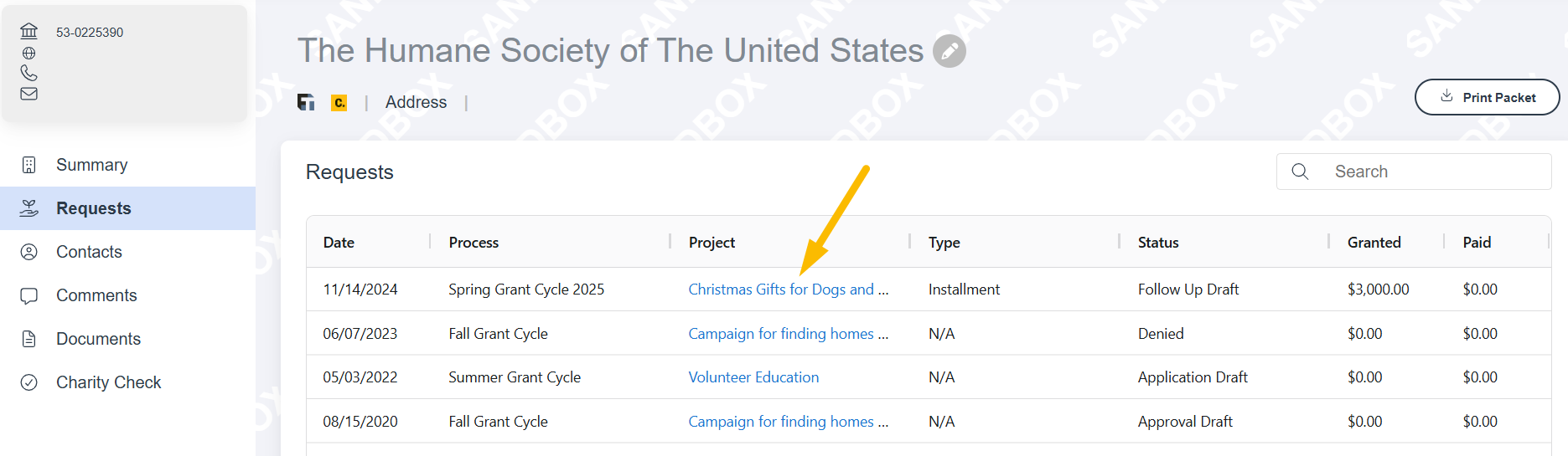 request project name