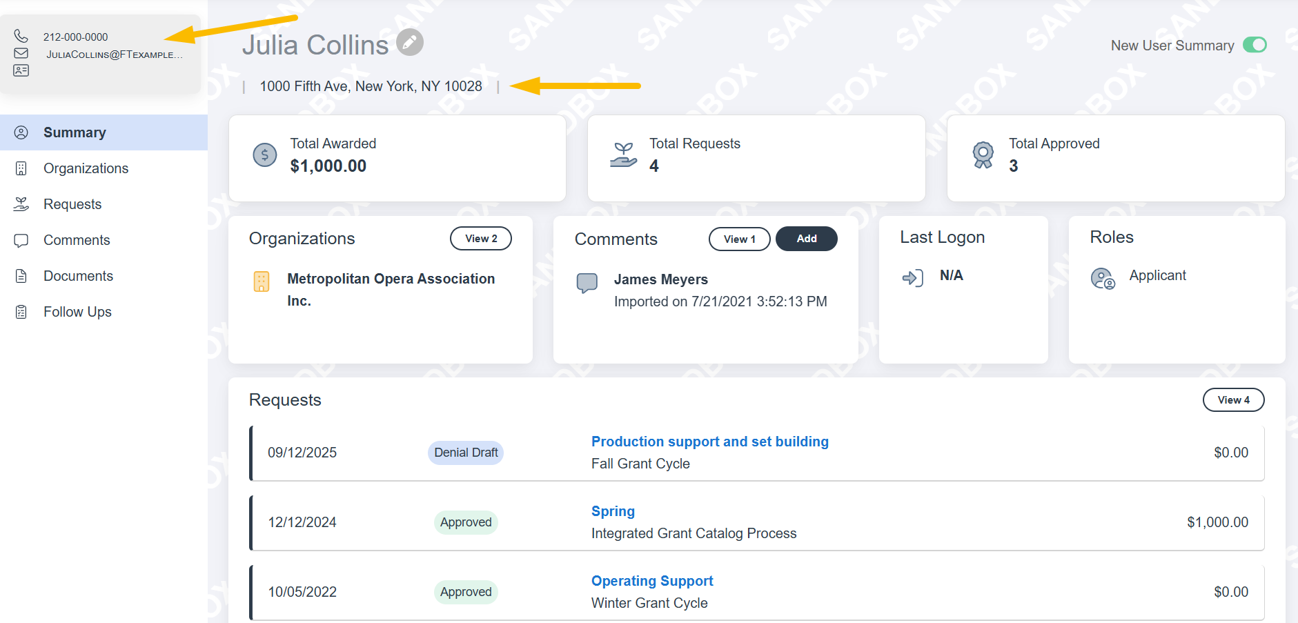 contact info on user summary page