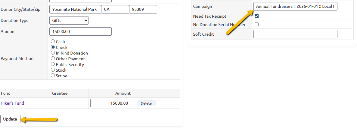 campaign dropdown and update button