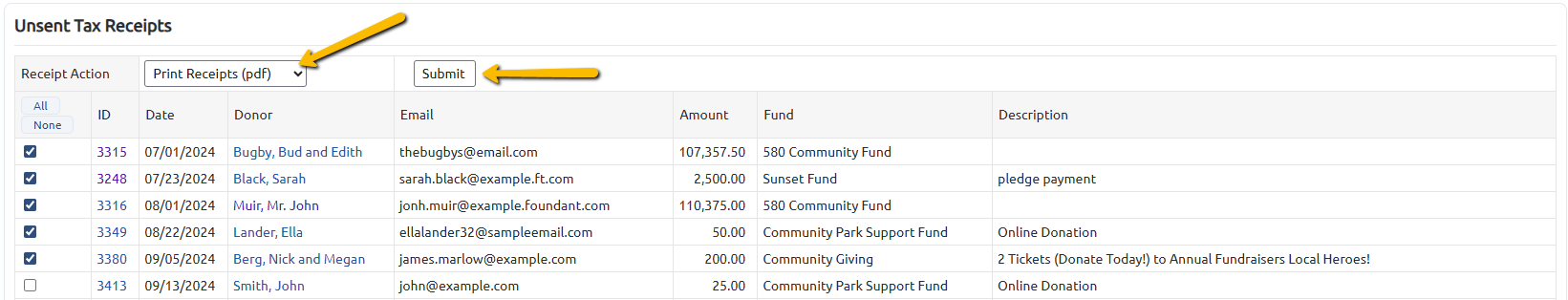 receipt action and submit button